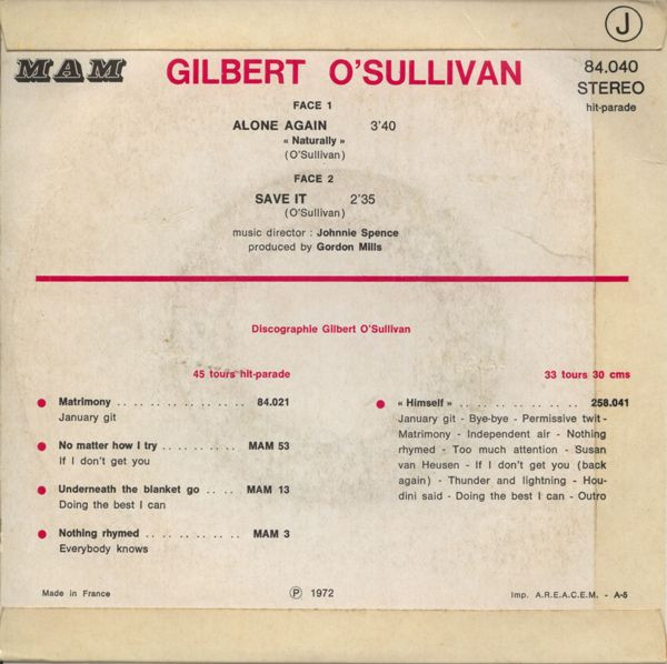 Gilbert O'Sullivan - Alone Again (Naturally) / Save It | MAM (84.040) - 2