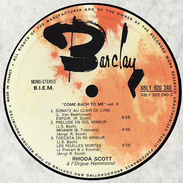 Rhoda Scott - A L'Orgue Hammond Vol. 3 Come Bach To Me | Barclay (920240) - 4 Rhoda Scott - A L'Orgue Hammond Vol. 3 Come Bach To Me | Barclay (920240) - 4