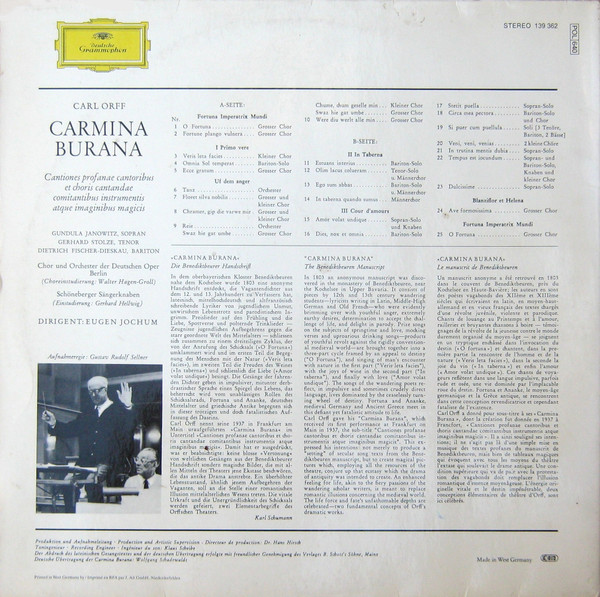 Carl Orff - Gundula Janowitz · Gerhard Stolze · Dietrich Fischer-Dieskau / Chor Der Deutschen Oper Berlin Und Orchester Der Deutschen Oper Berlin / Eugen Jochum - Carmina Burana | Deutsche Grammophon (139 362) - 2