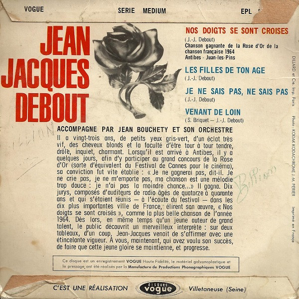 Jean-Jacques Debout - Nos Doigts Se Sont Croisés | Disques Vogue (EPL. 8254) - 2