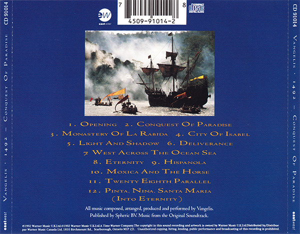 Vangelis - 1492 - Conquest Of Paradise (Music From The Original Soundtrack) [CD] | EastWest (CD 91014) - 2