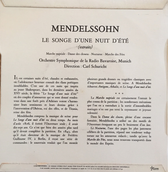 Felix Mendelssohn-Bartholdy , Symphonie-Orchester Des Bayerischen Rundfunks Direction Carl Schuricht - Le Songe D'une Nuit D'été | Guilde Internationale Du Disque (SMS 968) - 4 Felix Mendelssohn-Bartholdy , Symphonie-Orchester Des Bayerischen Rundfunks Direction Carl Schuricht - Le Songe D'une Nuit D'été | Guilde Internationale Du Disque (SMS 968) - 4