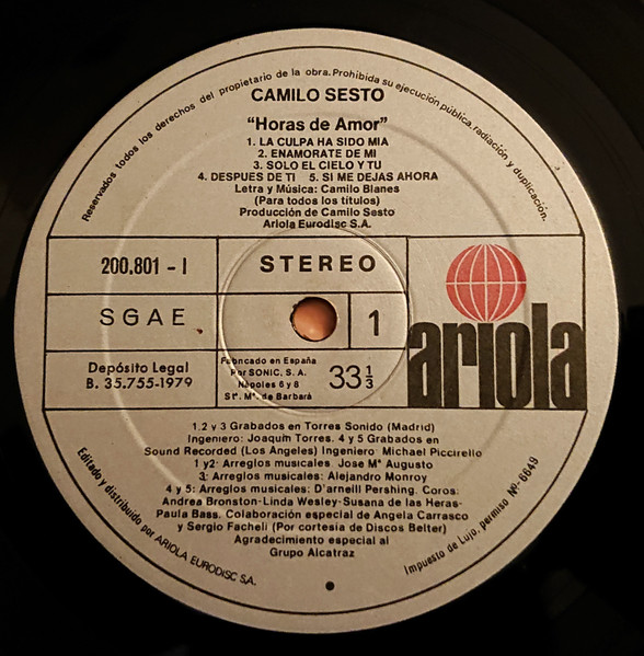 Camilo Sesto - Horas De Amor | Ariola (200.801-I) - 2