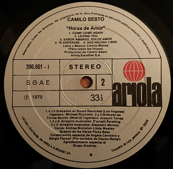 Camilo Sesto - Horas De Amor | Ariola (200.801-I) - 3