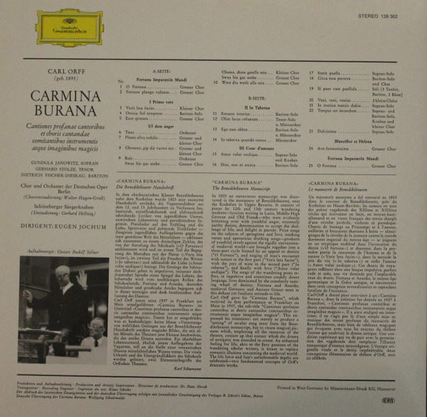 Carl Orff – Gundula Janowitz · Gerhard Stolze · Dietrich Fischer-Dieskau / Chor Der Deutschen Oper Berlin und Orchester Der Deutschen Oper Berlin / Eugen Jochum - Carmina Burana | Deutsche Grammophon (139 362) - 4
