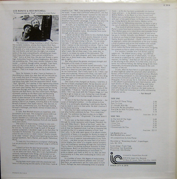 Lee Konitz & Red Mitchell - I Concentrate On You (A Tribute To Cole Porter) | Inner City Records (IC 2018) - 2 Lee Konitz & Red Mitchell - I Concentrate On You (A Tribute To Cole Porter) | Inner City Records (IC 2018) - 2