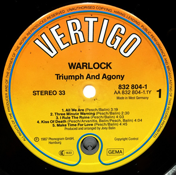 Warlock - Triumph And Agony | Vertigo (832 804-1) - 3