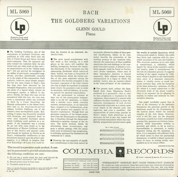 Johann Sebastian Bach : Glenn Gould - The Goldberg Variations | Columbia Masterworks (ML 5060) - 2 Johann Sebastian Bach : Glenn Gould - The Goldberg Variations | Columbia Masterworks (ML 5060) - 2