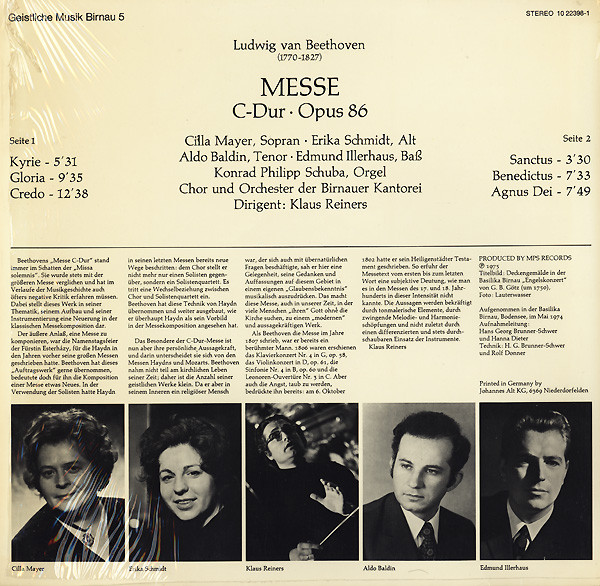 Ludwig van Beethoven - Cilla Mayer , Erika Schmidt • Aldo Baldin • Edmund Illerhaus , Birnauer Kantorei , Klaus Reiners - Messe C-Dur, Op 86 | MPS Records (10 22398-1) - 2 Ludwig van Beethoven - Cilla Mayer , Erika Schmidt • Aldo Baldin • Edmund Illerhaus , Birnauer Kantorei , Klaus Reiners - Messe C-Dur, Op 86 | MPS Records (10 22398-1) - 2