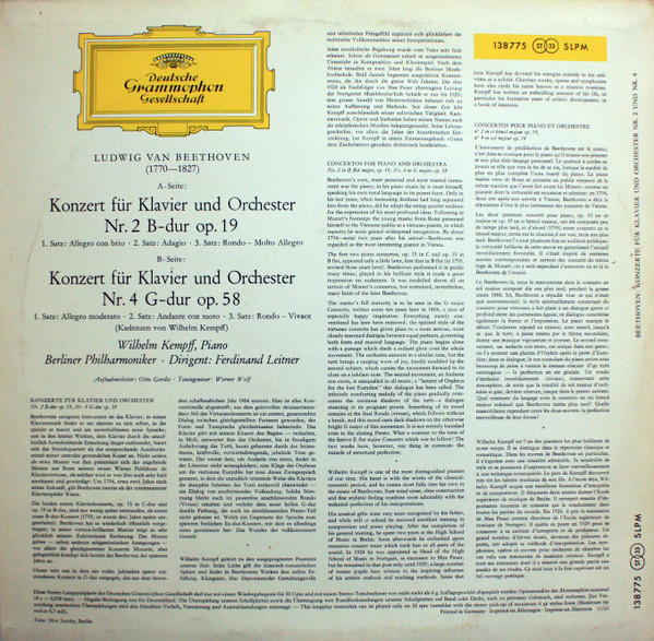 Ludwig van Beethoven / Wilhelm Kempff ‧ Berliner Philharmoniker ‧ Dirigent: Ferdinand Leitner - Klavierkonzerte Nr. 2 B-Dur Op. 19, Nr. 4 G-Dur Op. 58 | Deutsche Grammophon (138 775 SLPM) - 2