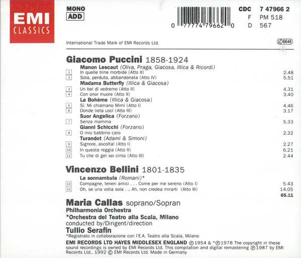Maria Callas - Puccini & Bellini Arias / Arien / Airs | EMI Classics (CDC 7 47966 2) - 2
