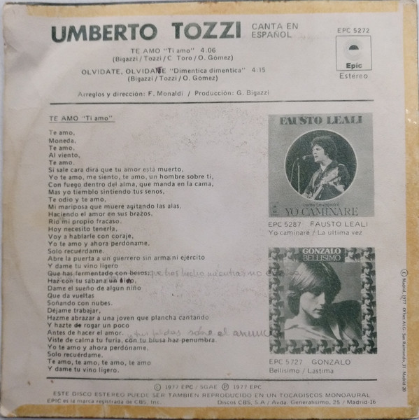 Umberto Tozzi - Te Amo (Canta En Español) | Epic (EPC 5272) - 2