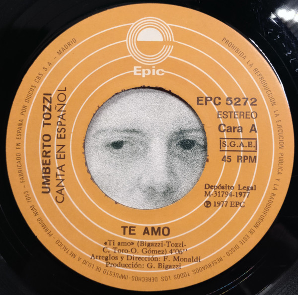 Umberto Tozzi - Te Amo (Canta En Español) | Epic (EPC 5272) - 3