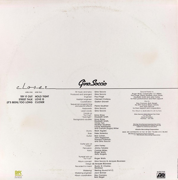 Gino Soccio - Closer | Atlantic (W 50790) - 2