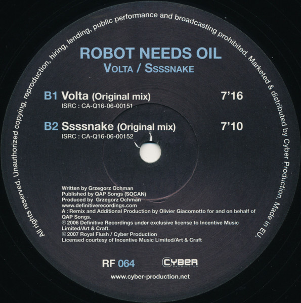 Robot Needs Oil - Volta / Ssssnake | Royal Flush Records (RF 064) - 2