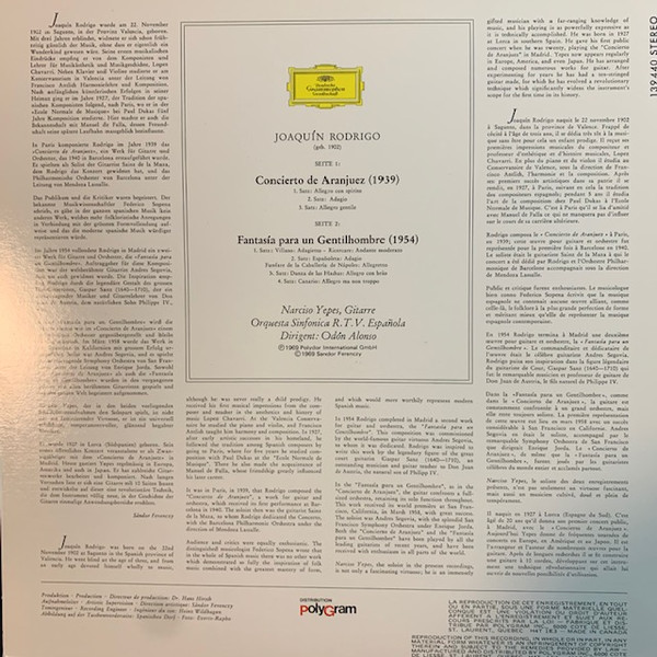 Joaquín Rodrigo / Narciso Yepes / Orquesta Sinfónica De RTVE - Concierto De Aranjuez / Fantasia Para Un Gentilhombre [Vinyl] | Deutsche Grammophon (139 440) - 2