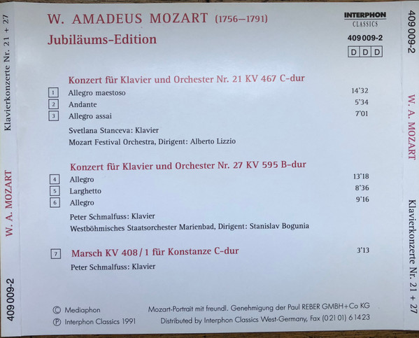 Wolfgang Amadeus Mozart - Mozart Festival Orchestra , Alberto Lizzio , Svetlana Stanceva - Klavierkonzerte No. 21 + 27 | Interphon Classics (409 009-2) - 2
