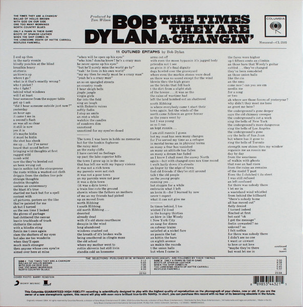 Bob Dylan - The Times They Are A-Changin' [Vinyl] | Columbia (CL 2105) - 2