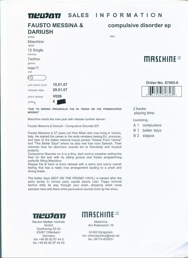 Fausto Messina & Dariush - Compulsive Disorder EP | Maschine (MAS 11)