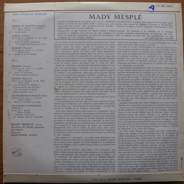 Mady Mesplé , Orchestre National De L'Opéra De Paris , Jean-Pierre Marty - Mady Mesplé Volume 1 Airs D'Opéras Francais | La Voix De Son Maître (2C 063-10411) - 2 Mady Mesplé , Orchestre National De L'Opéra De Paris , Jean-Pierre Marty - Mady Mesplé Volume 1 Airs D'Opéras Francais | La Voix De Son Maître (2C 063-10411) - 2