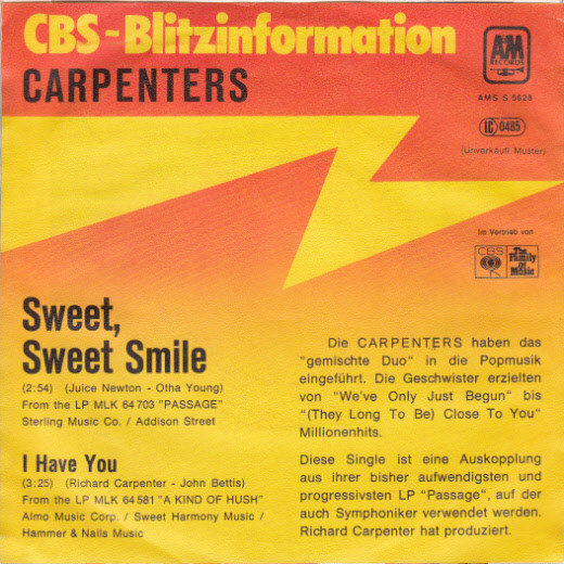Carpenters - Sweet, Sweet Smile | A&M Records (AMS 5628)