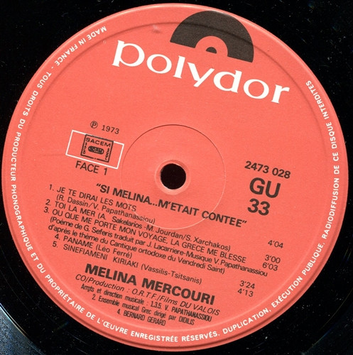 Melina Mercouri - Si Melina... M'Etait Contée | Polydor (2473 028) - 3