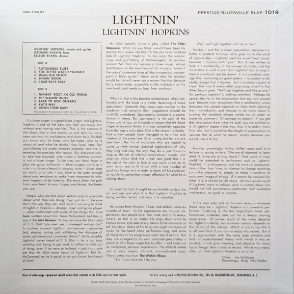 Lightnin' Hopkins - Lightnin' (The Blues Of Lightnin' Hopkins) | Prestige Bluesville (BV 1019) - 2