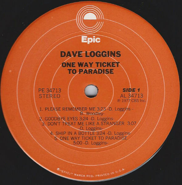 Dave Loggins - One Way Ticket To Paradise | Epic (PE 34713) - 2