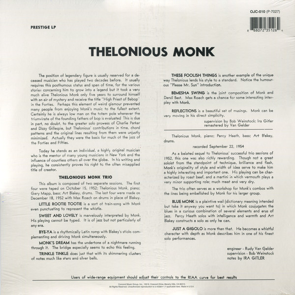 Thelonious Monk Trio - Thelonious Monk Trio | Original Jazz Classics (OJC-010) - 2 Thelonious Monk Trio - Thelonious Monk Trio | Original Jazz Classics (OJC-010) - 2