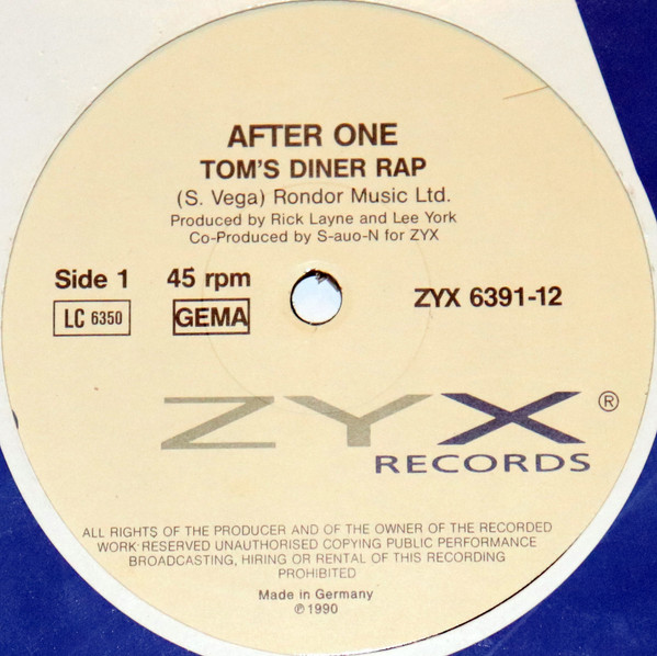 After One - Tom's Diner Rap / After Two | ZYX Records (ZYX 6391-12)