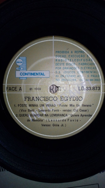 Francisco Egydio - Foste Minha Um Verão / Quero Guardar Na Lembrança / Creio Em Ti / Ela Me Esqueceu | Continental (LD-33.873) - 4