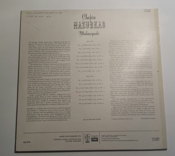 Frédéric Chopin - Witold Malcuzynsky - Mazurkas | Classics For Pleasure (CFP 40082) - 2