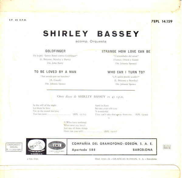 Shirley Bassey - Goldfinger | La Voz De Su Amo (7EPL 14.159) - 2