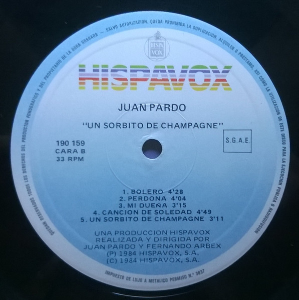 Juan Pardo - Un Sorbito De Champagne | Hispavox (190 159) - 3