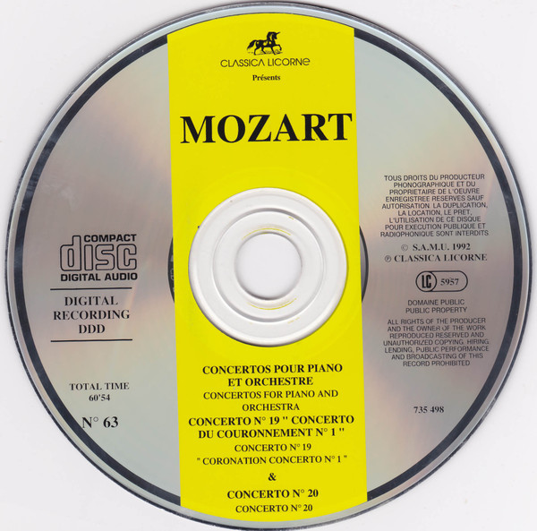 Wolfgang Amadeus Mozart - Concertos Pour Piano Et Orchestre. Concerto N°19 "Concerto Du Couronnement N°1" & Concerto N°20 | Classica Licorne (735 498) - 3