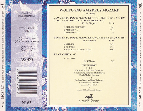 Wolfgang Amadeus Mozart - Concertos Pour Piano Et Orchestre. Concerto N°19 "Concerto Du Couronnement N°1" & Concerto N°20 | Classica Licorne (735 498) - 2
