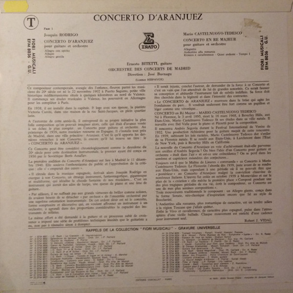 Joaquín Rodrigo - Mario Castelnuovo Tedesco - Ernesto Bitetti - Concerto De Aranjuez (Pour Guitare Et Orchestra) | Erato (EFM 8036) - 2