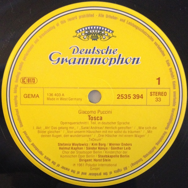 Giacomo Puccini , Stefania Woytowicz ⋅ Sándor Kónya ⋅ Kim Borg ⋅ Horst Stein - Tosca | Deutsche Grammophon (2535 394) - 3