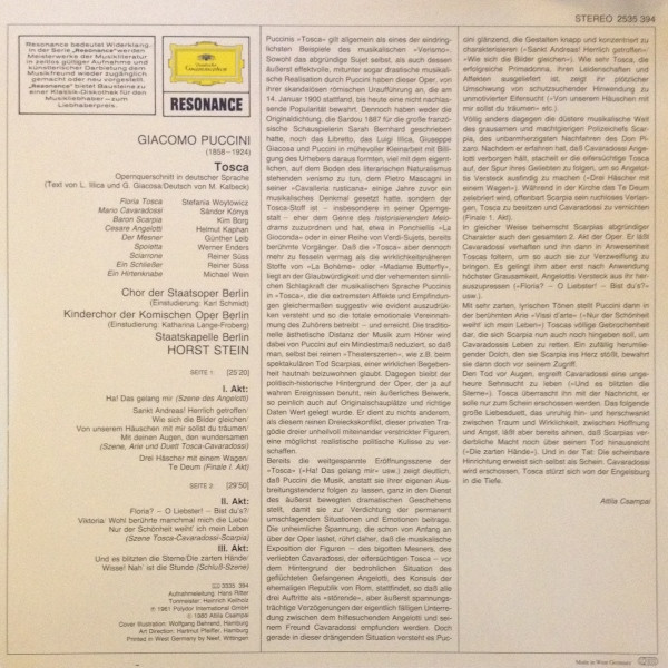Giacomo Puccini , Stefania Woytowicz ⋅ Sándor Kónya ⋅ Kim Borg ⋅ Horst Stein - Tosca | Deutsche Grammophon (2535 394) - 2