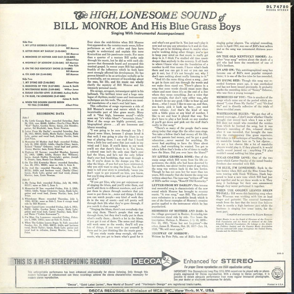 Bill Monroe & His Blue Grass Boys - The High Lonesome Sound | Decca (DL 74780) - 2 Bill Monroe & His Blue Grass Boys - The High Lonesome Sound | Decca (DL 74780) - 2
