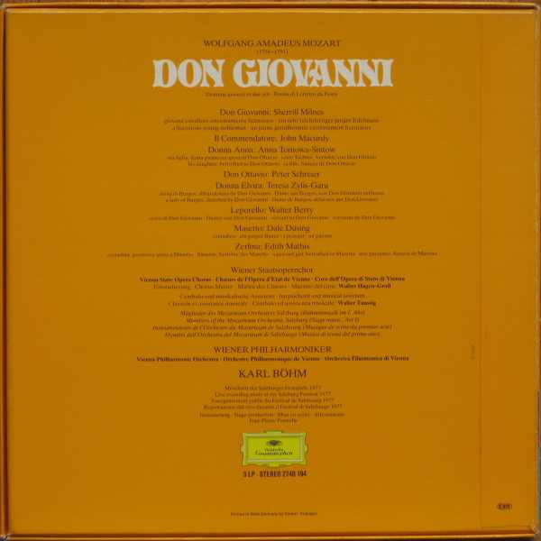 Wolfgang Amadeus Mozart - Sherrill Milnes , Anna Tomowa-Sintow • Teresa Żylis-Gara • Edith Mathis , Peter Schreier • Walter Berry • John Macurdy • Dale Düsing , Wiener Philharmoniker - Karl Böhm - Don Giovanni | Deutsche Grammophon (2740 194) - 2