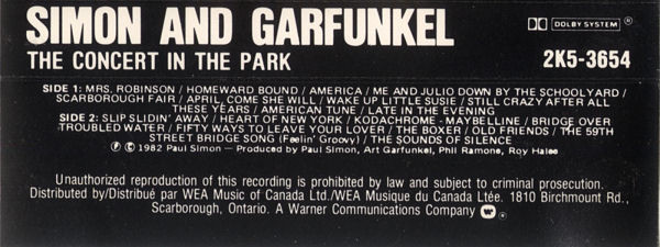 Simon & Garfunkel - The Concert In Central Park [Cassette] | Warner Bros. Records (2K5 3654) - 2