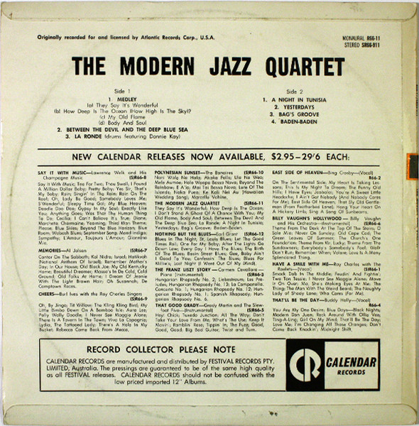 The Modern Jazz Quartet - The Modern Jazz Quartet | Calendar Records (SR66-911) - 2