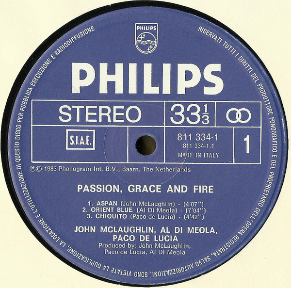 John McLaughlin , Al Di Meola , Paco De Lucía - Passion, Grace & Fire | Philips (811 334-1) - 3