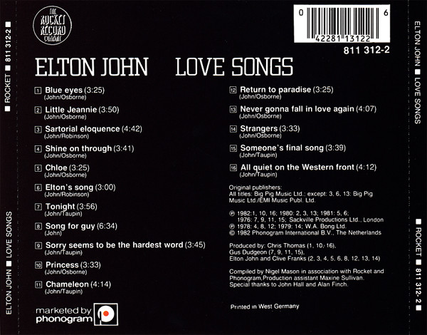Elton John - Love Songs | The Rocket Record Company (811 312-2) - 2