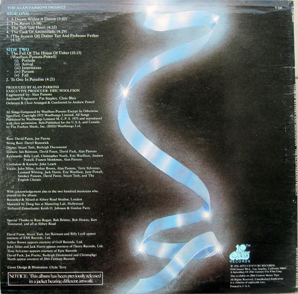 The Alan Parsons Project - Tales Of Mystery And Imagination - Edgar Allen Poe - Vinilo | 20th Century Fox Records (T-539) - 2