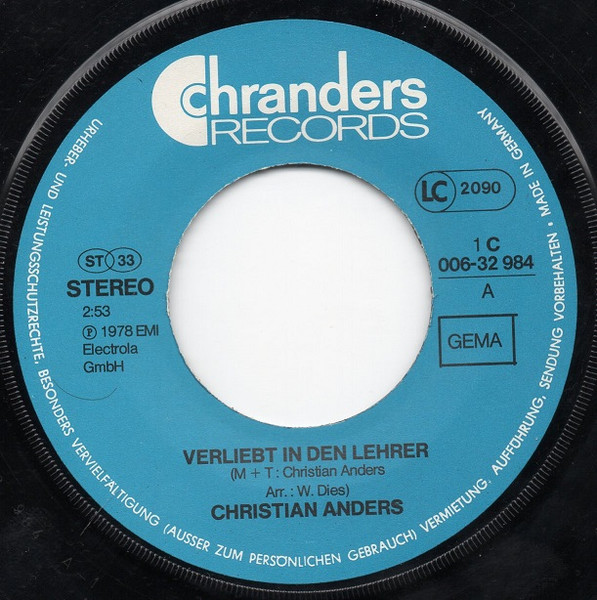 Christian Anders - Verliebt In Den Lehrer | Chranders Records (1C 006-32 984) - 3