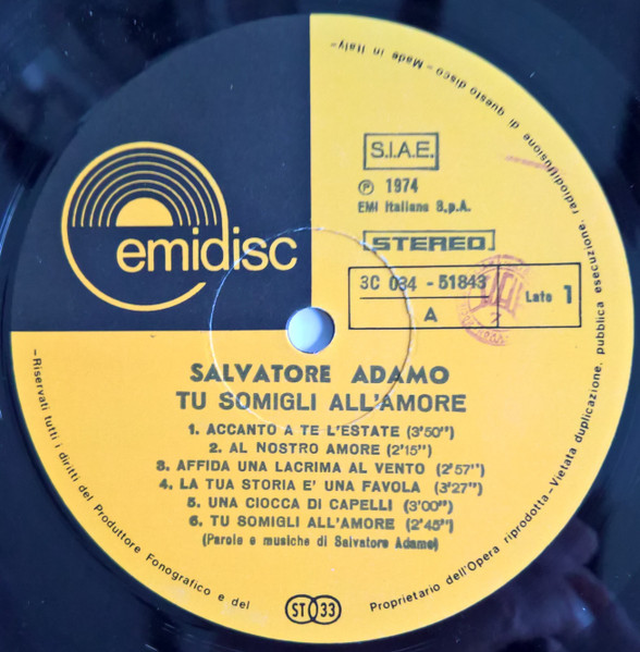 Adamo - Tu Somigli All'Amore | Emidisc (3C 034 - 51843) - 3