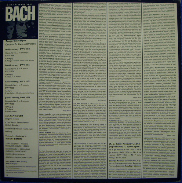 Johann Sebastian Bach - Zoltán Kocsis , Liszt Ferenc Chamber Orchestra , Albert Simon - Piano Concertos BWV 1054, 1055, 1056, 1058 | Hungaroton (SLPX 11711) - 2