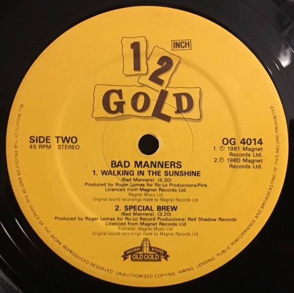 Bad Manners - Can Can / My Girl Lollipop / Walking Into Sunshine / Special Brew | Old Gold (OG 4014) - 4